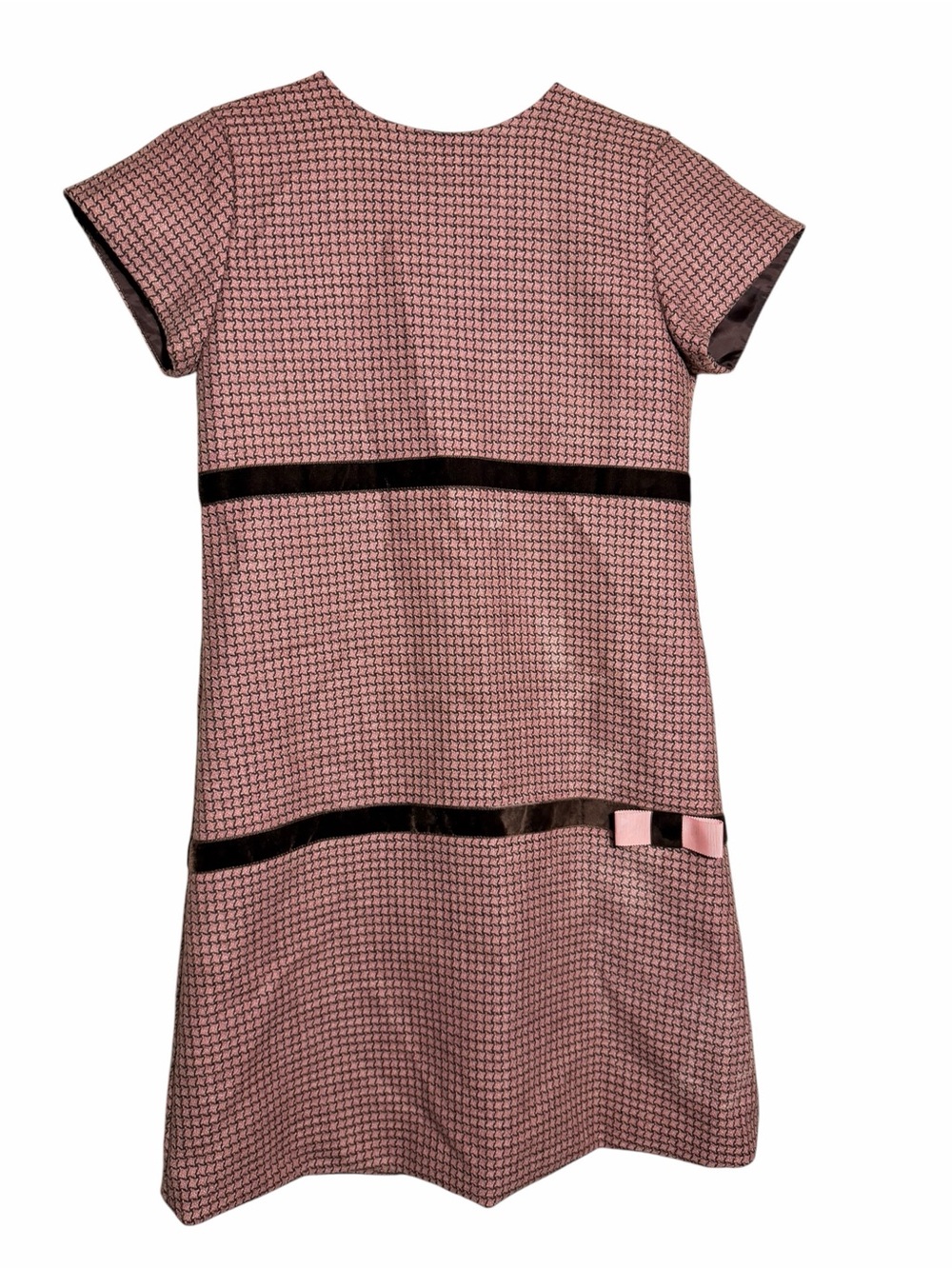 Joan Calabrese Pink Houndstooth Dress with Brown Trim